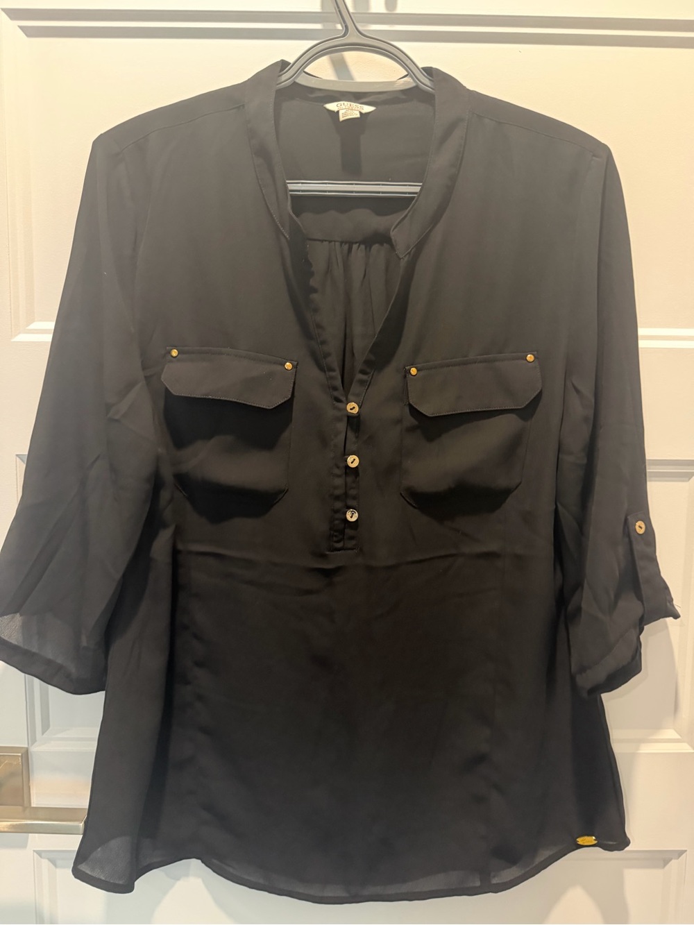 Guess Black Split-Neck Button Front blouse with Gold Accents